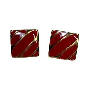 Vintage Red Enamel Square Earrings | Gold Tone Studs | No Maker Mark